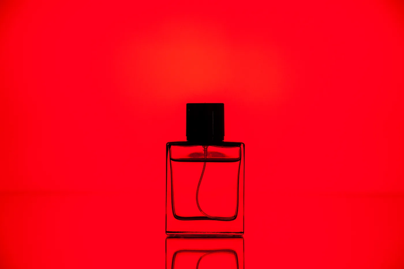 A perfume bottle silhouetted against a vivid warm red background