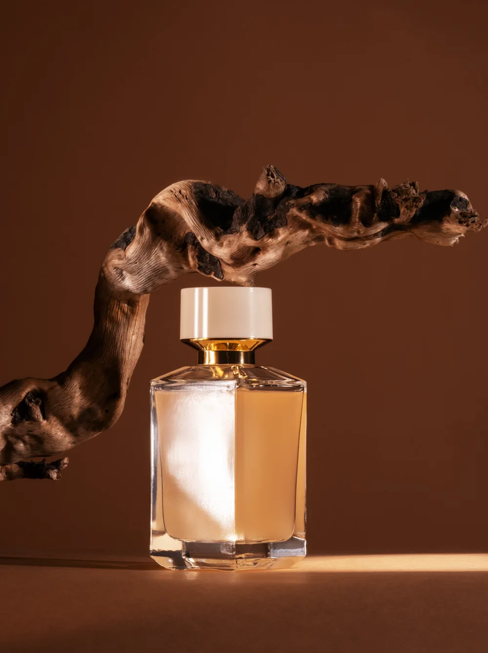 An amber perfume bottle framed by sculptural wood in warm light